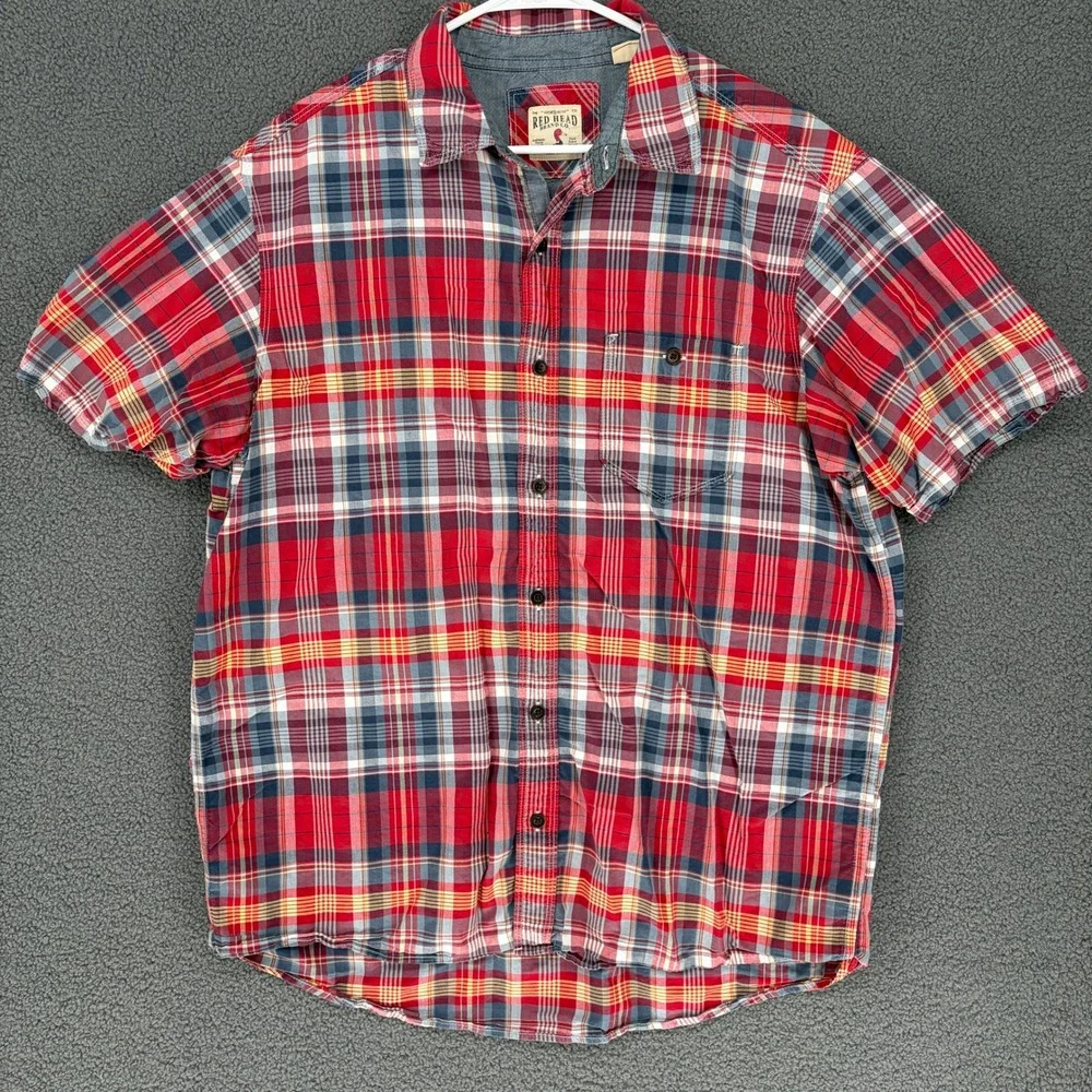 RedHead Mens XL Short Sleeve Plaid Button Up Shirt Red Blue Cotton RN74747